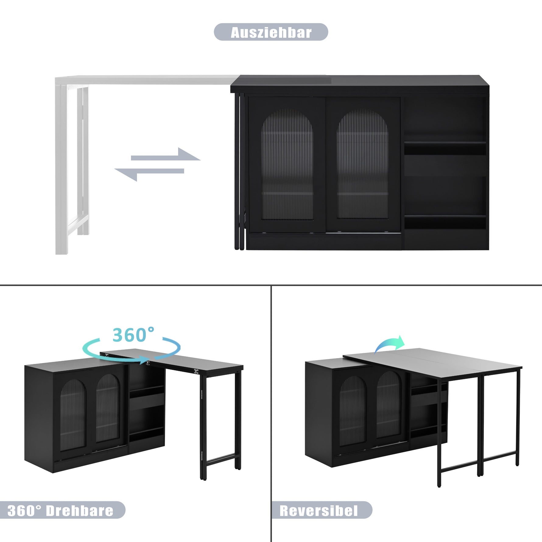 Bar Table, Extendable 360° Rotating with Storage & Glass Cabinet, Black