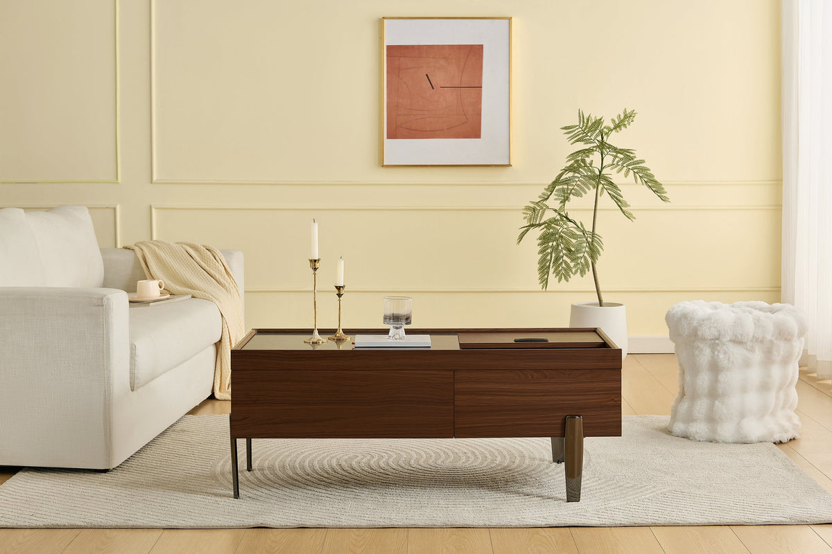 Modern Coffee Table with Drawers, Glass Top & Storage, Dark Brown Wood & Marble-Effect