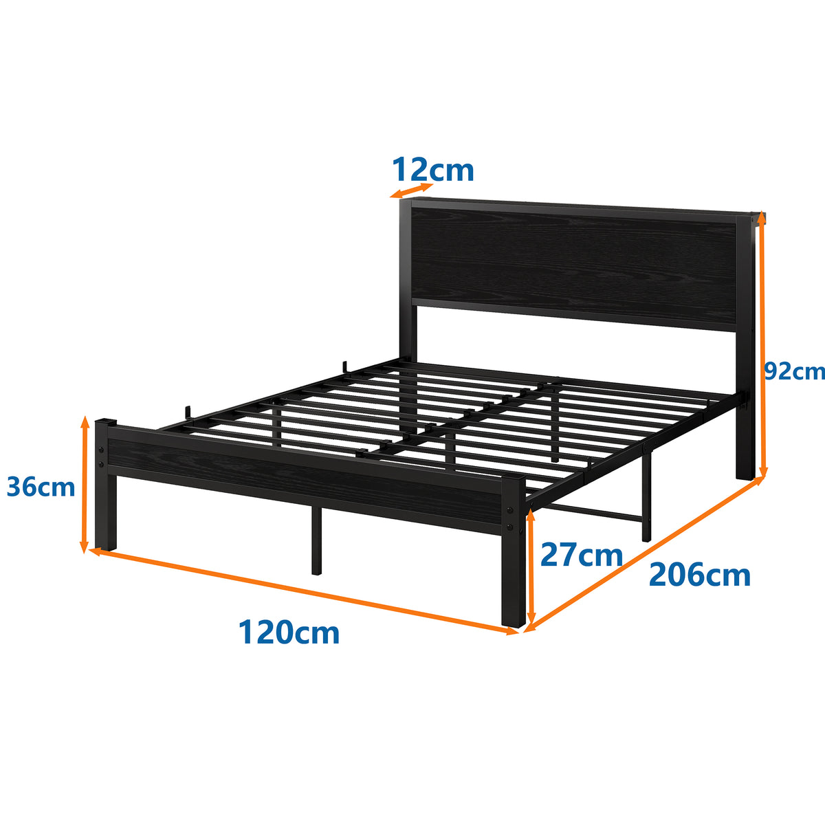 Single Metal Platform Bed Frame with Storage, 120x200cm, Vintage Black