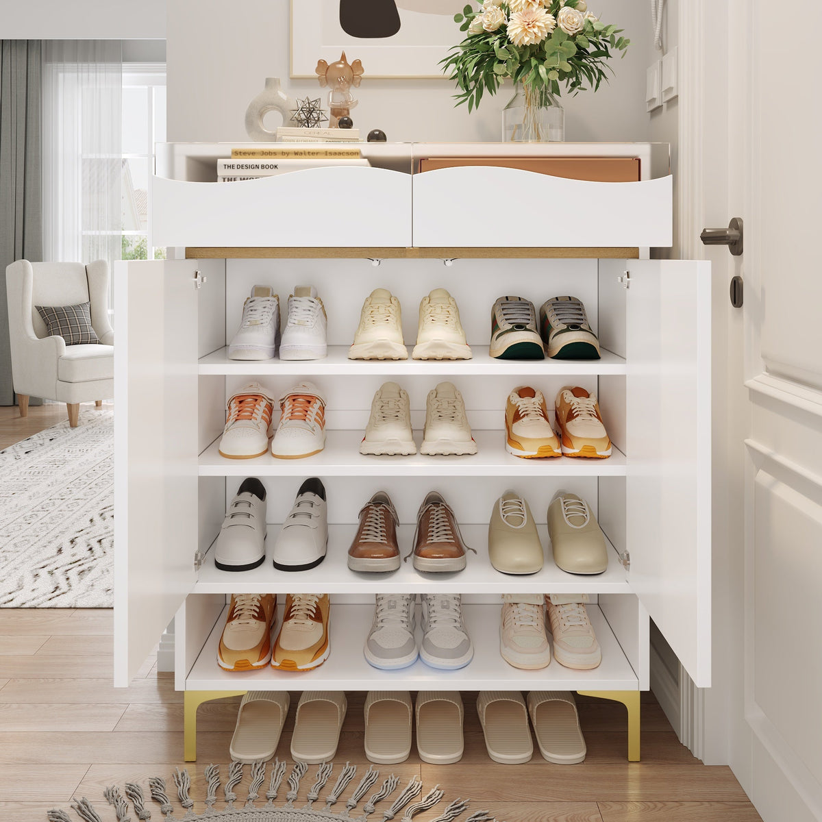 Shoe Cabinet, LED 16 Colors, Drawers & Shelves, Modern White