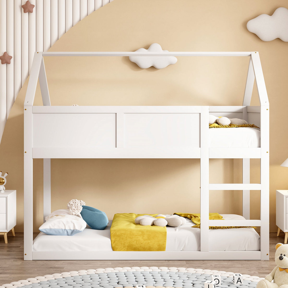 Bunk bed for children, 90x200cm Low Single Loft Bed with Stairs, White Solid Wood