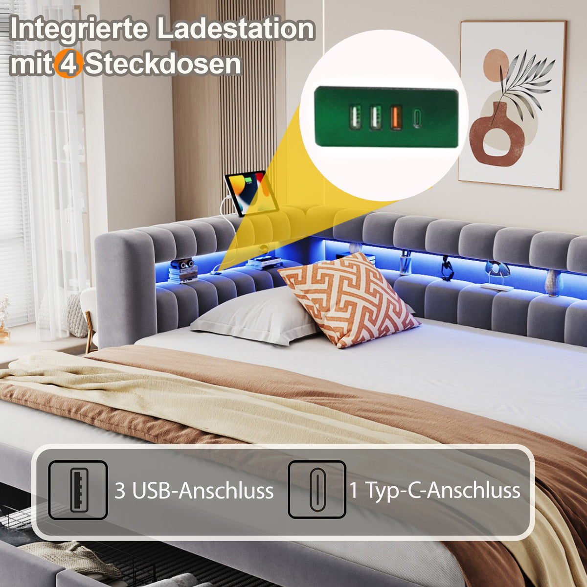 Upholstered Sofa Bed with Drawers & LED, Dark Grey Velvet