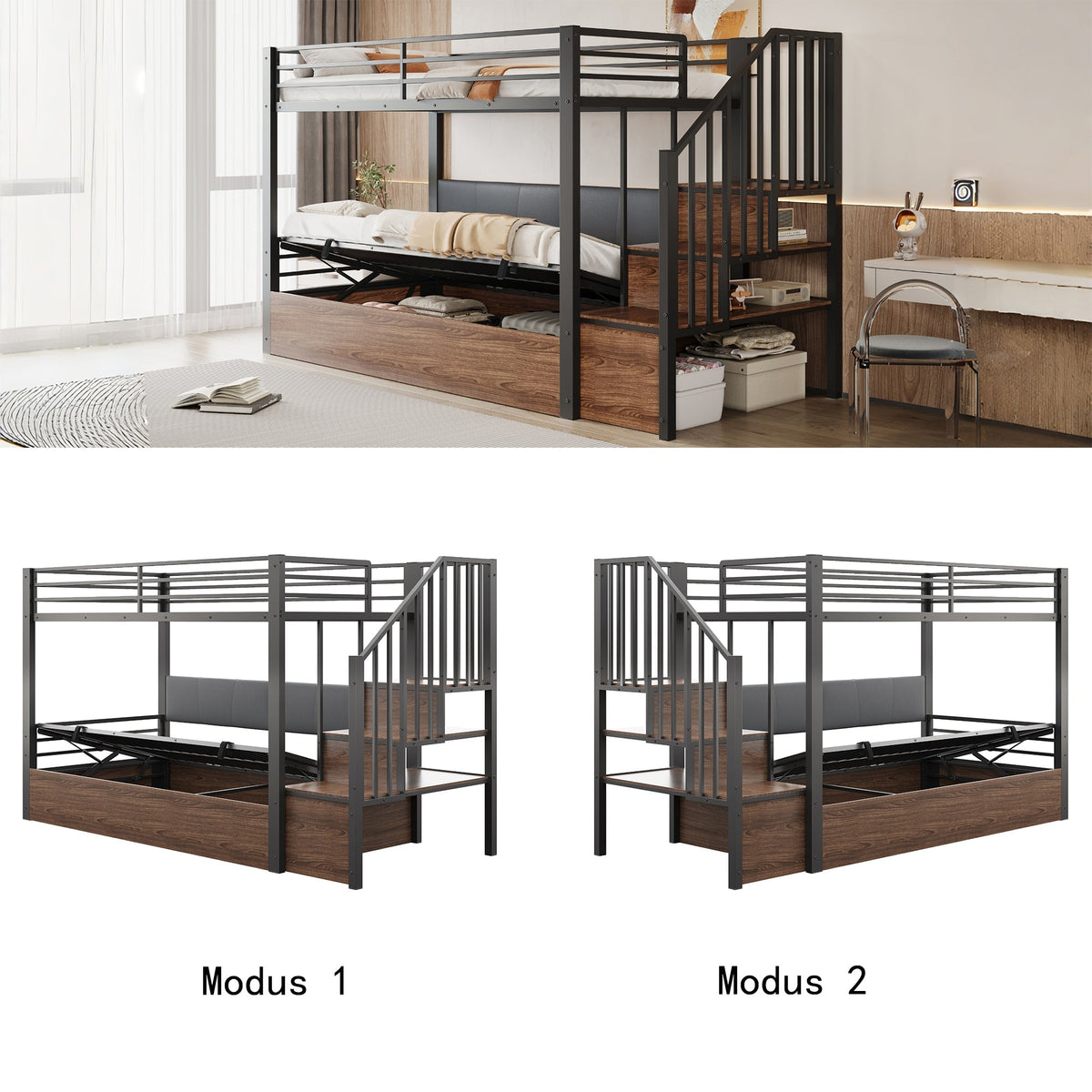 Iron Loft Bed with Hydraulic Function, Padded Backrest and Safety Ladder, 90x200cm, Black PU