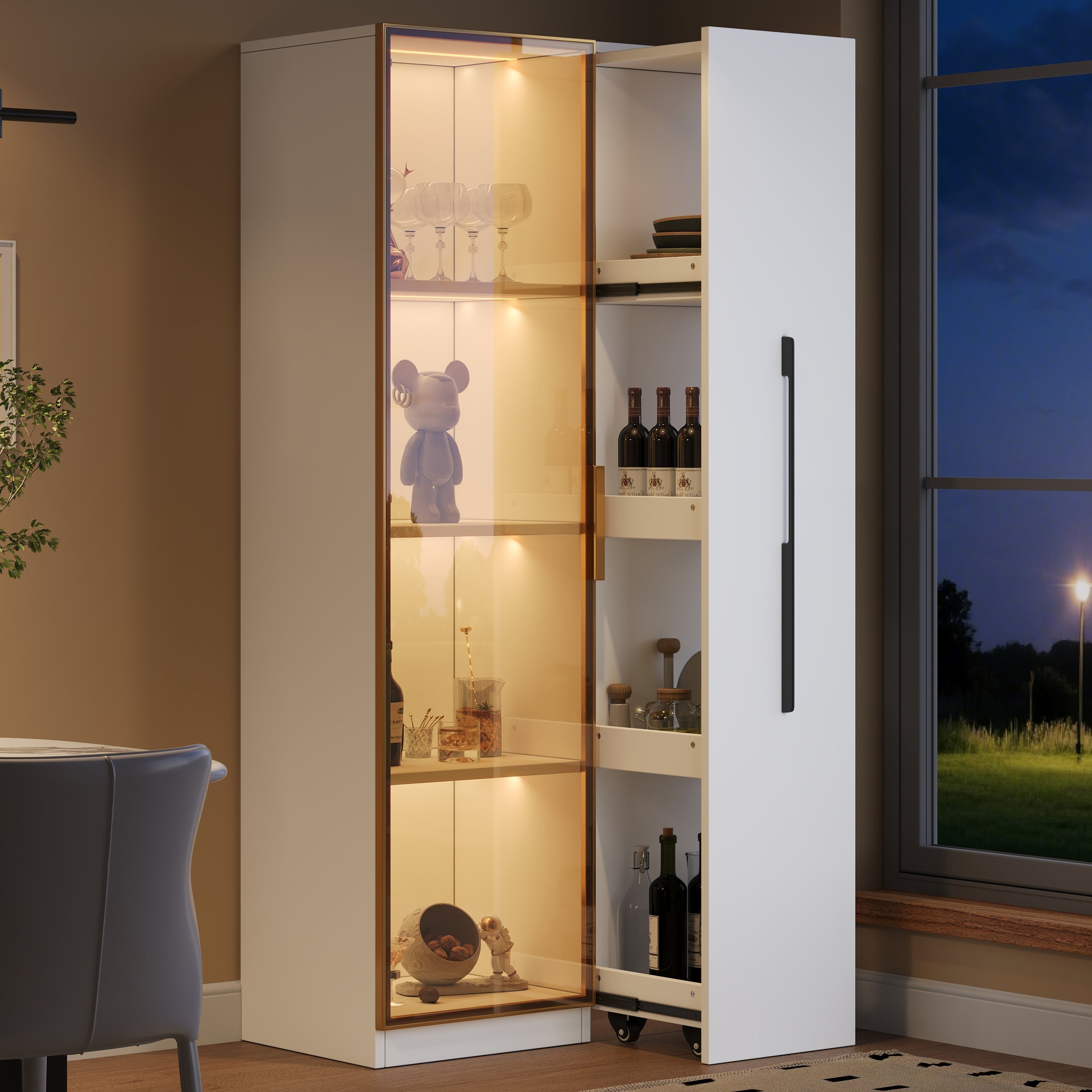 Display Cabinet with Glass Doors, Side Drawers and LED Lighting, White MDF