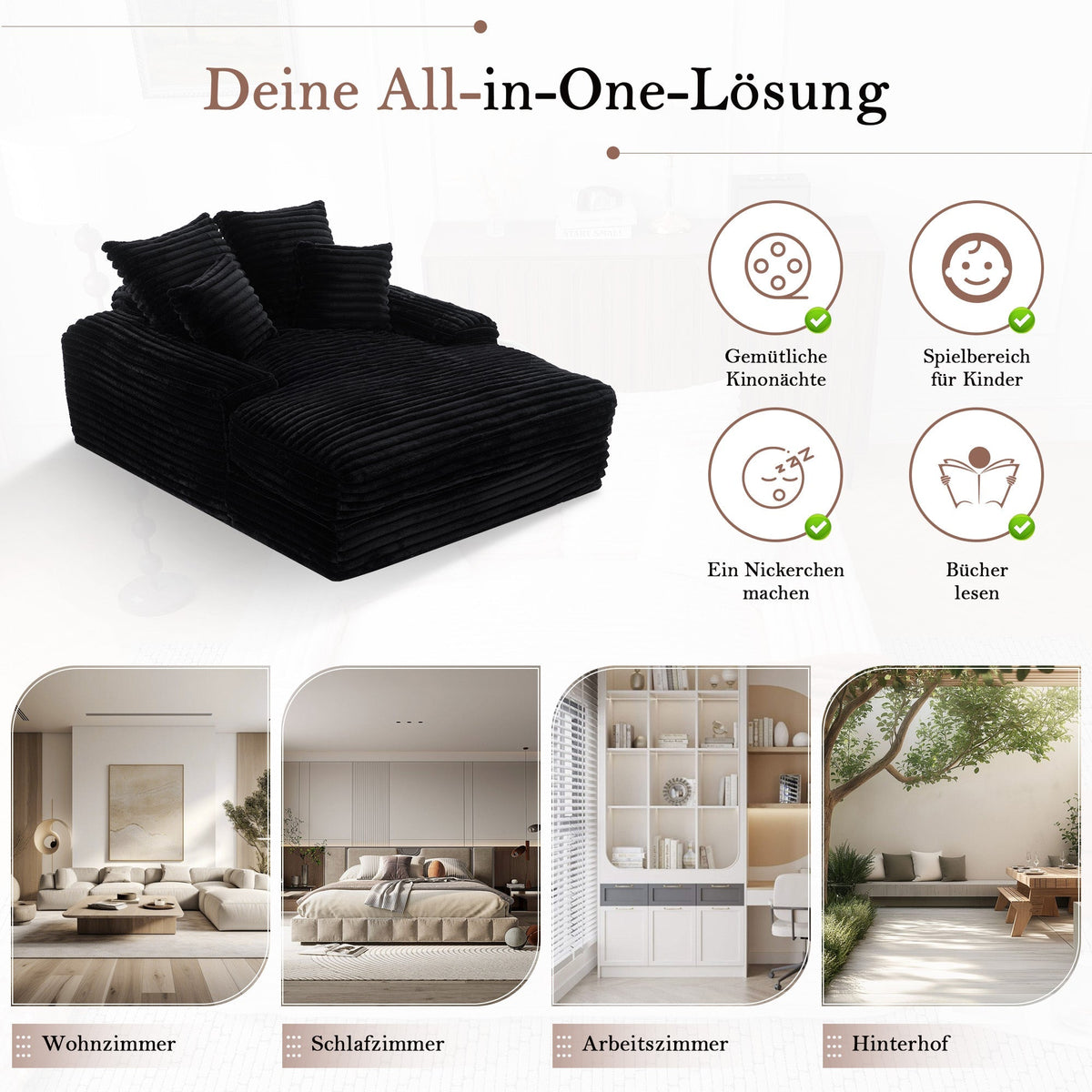 Luxury Cord Sofa, Multifunctional Sofa Bed, No Assembly, Black