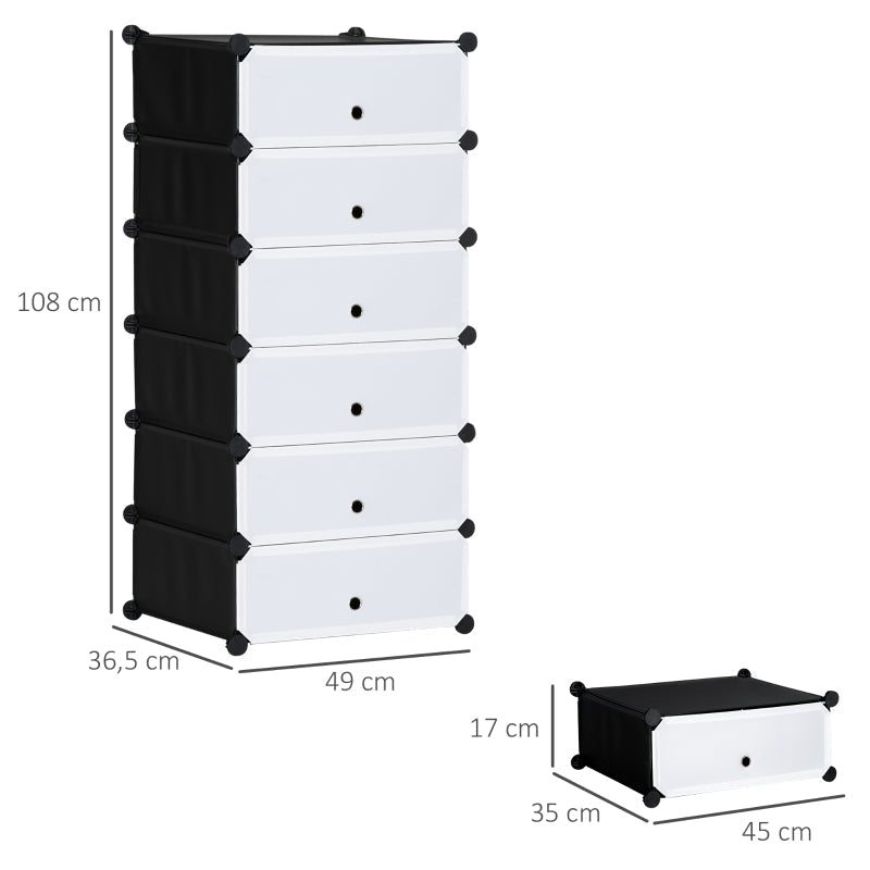 Shoe Rack Shelf for 6 Pairs of Shoes, Modular DIY, Plastic Black+White