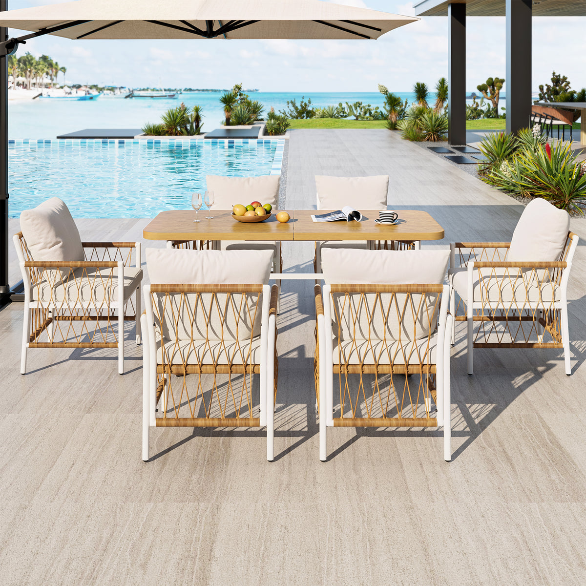 Modern Outdoor Patio Set with Cushions & Woven Armrests, Iron