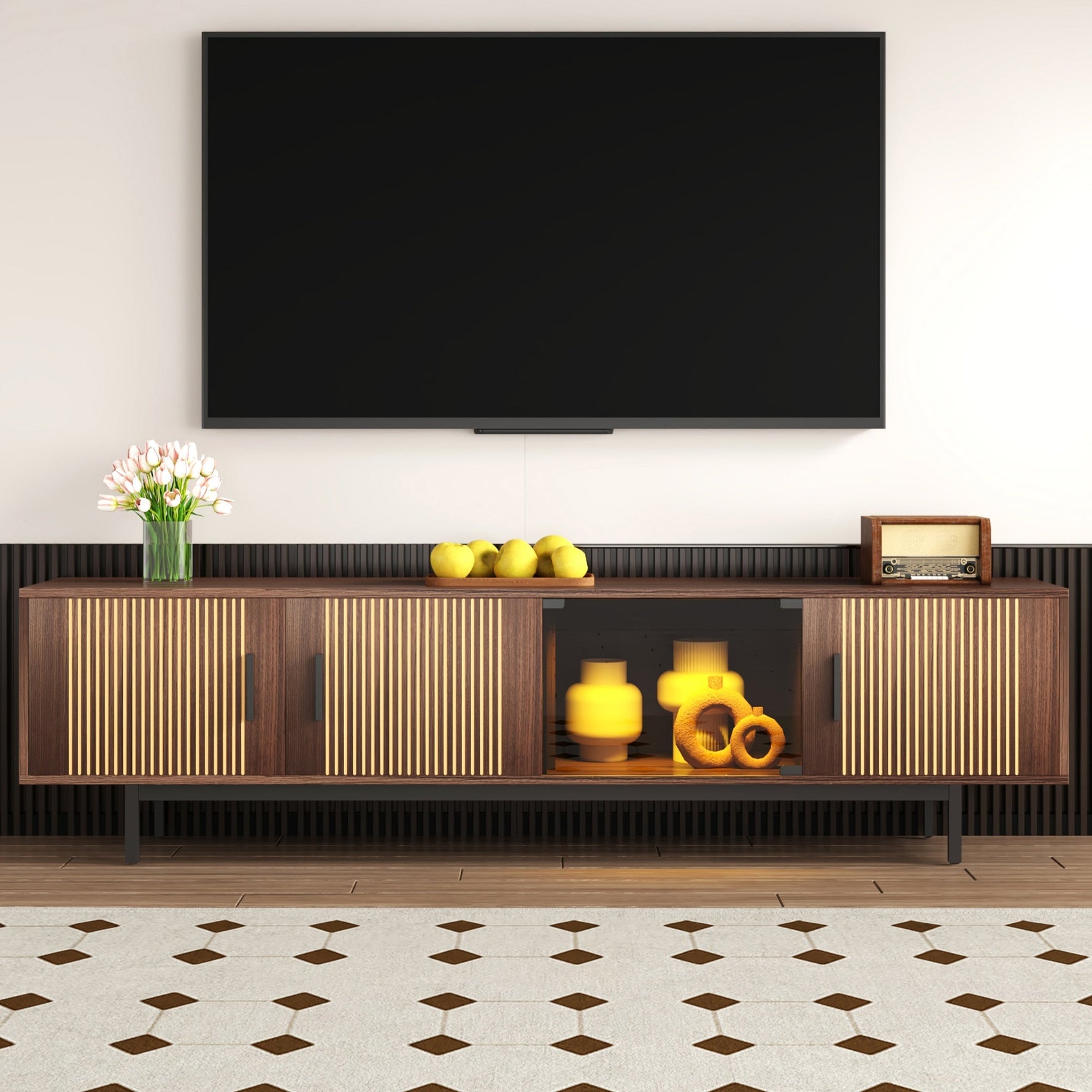 TV Cabinet Lowboard Carved Texture LED Light Tempered Glass