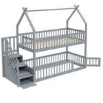 Bunk Bed, 90x200 Children's Single with Roof, Ladder & Storage Drawers, Solid Wood Gray