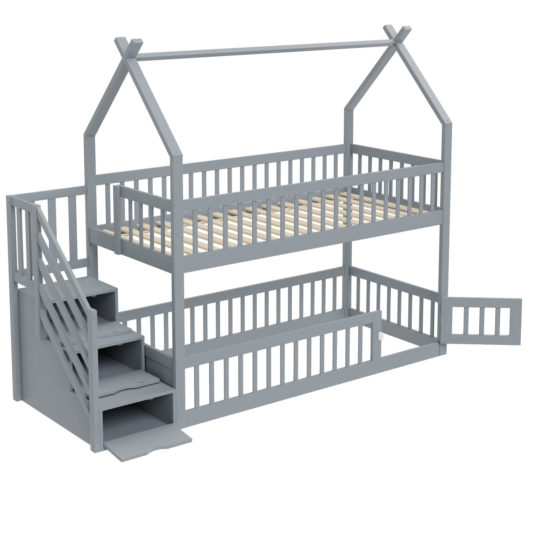 Bunk Bed, 90x200 Children's Single with Roof, Ladder & Storage Drawers, Solid Wood Gray