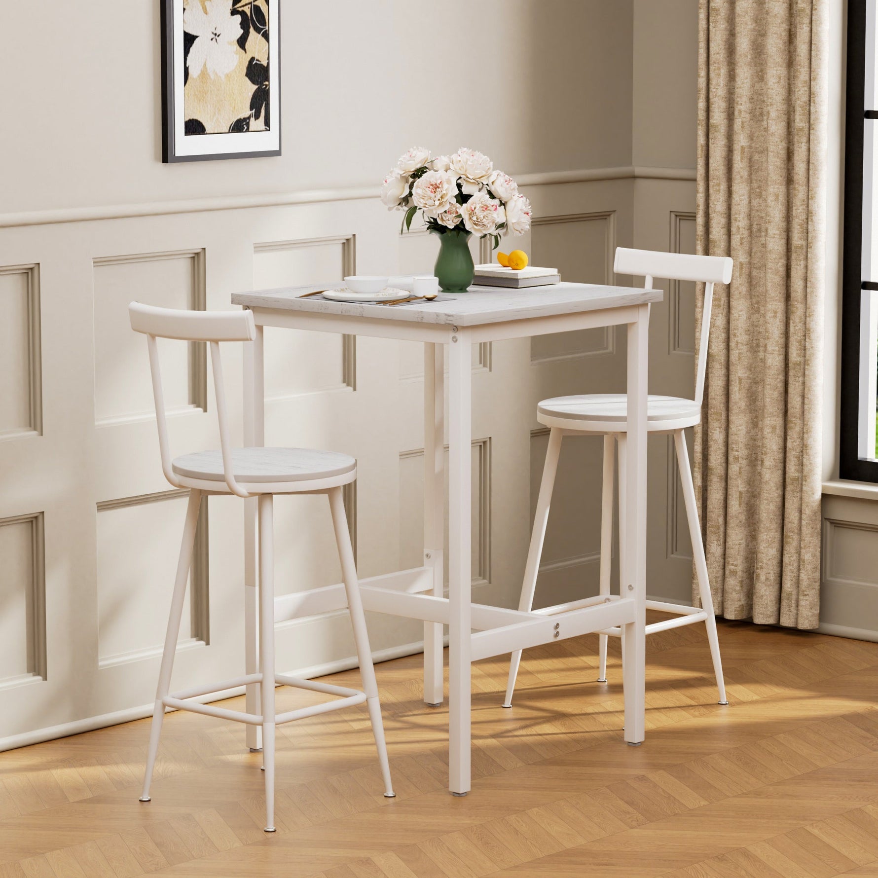 Bar Table and 2 Stools Set Industrial Style Metal Frame - White