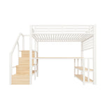 Loft Bed 140x200cm with Desk, Storage & LED, White Iron Frame