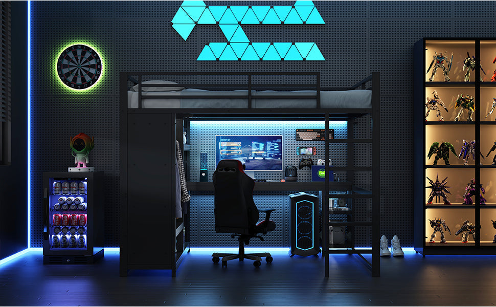 Loft Bed 160x200 Gaming Desk LED Storage Wardrobe - Black Metal