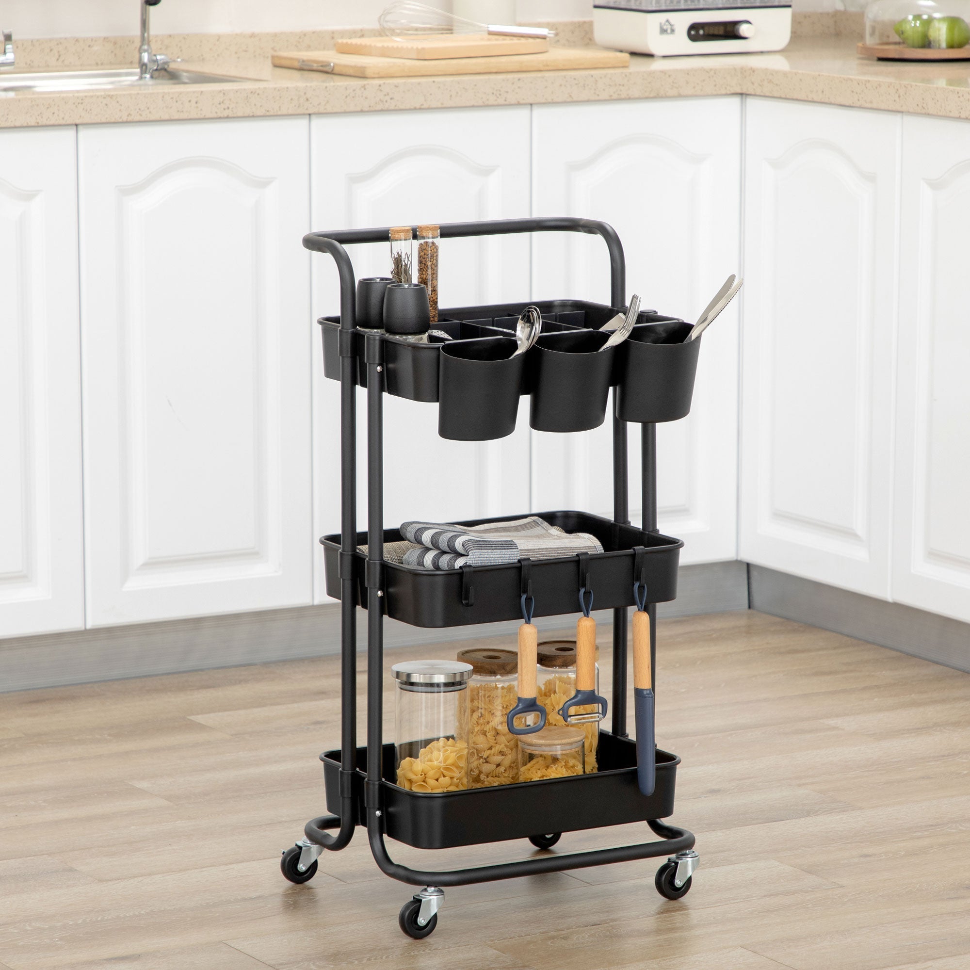 Serving Cart, 3-Tier Storage with Hooks, Steel Black
