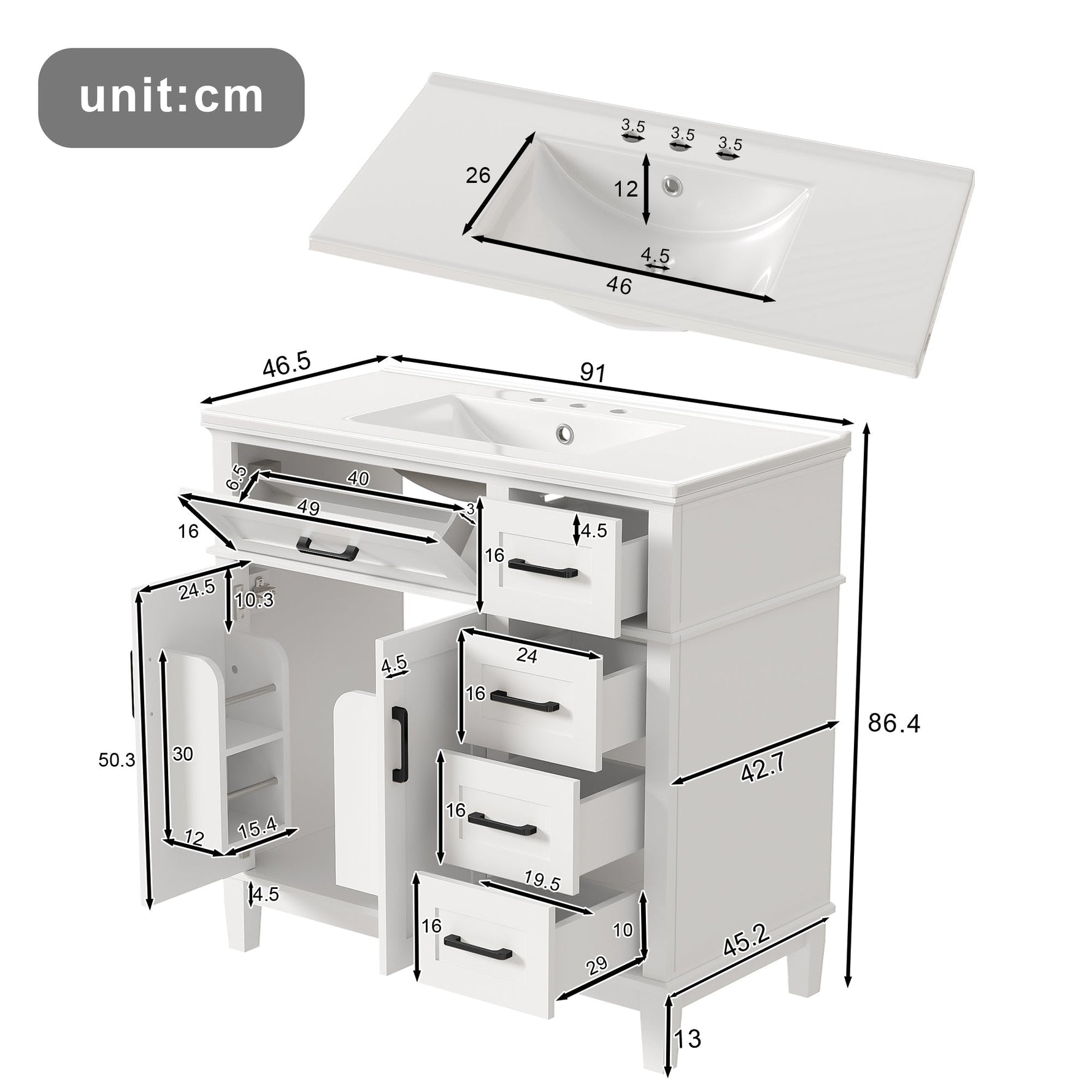 Bathroom Vanity Unit with Ceramic Sink and Soft-Close Drawers, White and Black