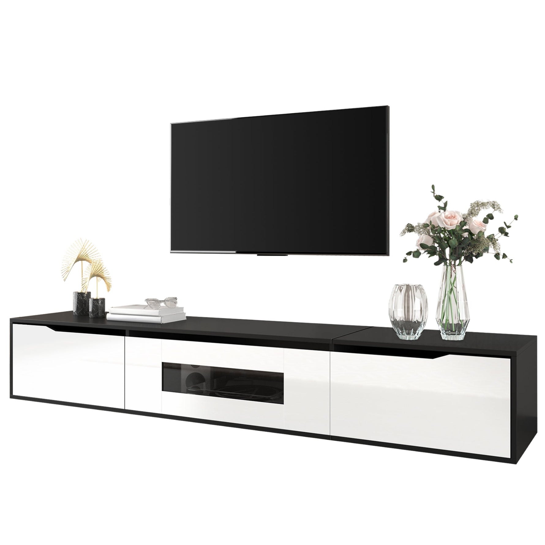 TV Cabinet High-Gloss 180cm Wall-Mounted LED USB - Black/White