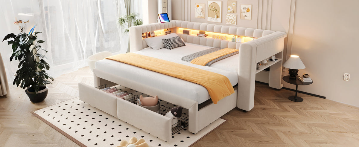 Upholstered Sofa Bed with Pull-Out Bed & Drawers, Beige Velvet