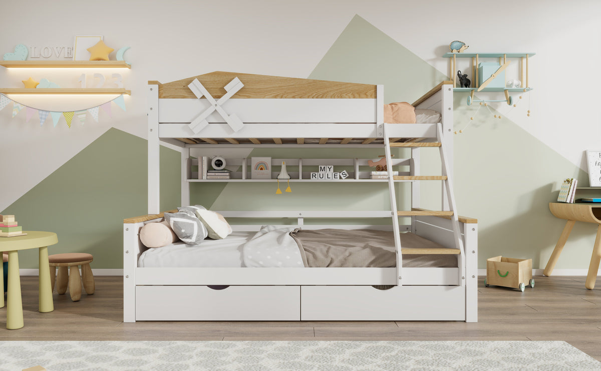 Bunk Bed with Windmill, Shelves & Drawers, Pine + MDF, White + Natural
