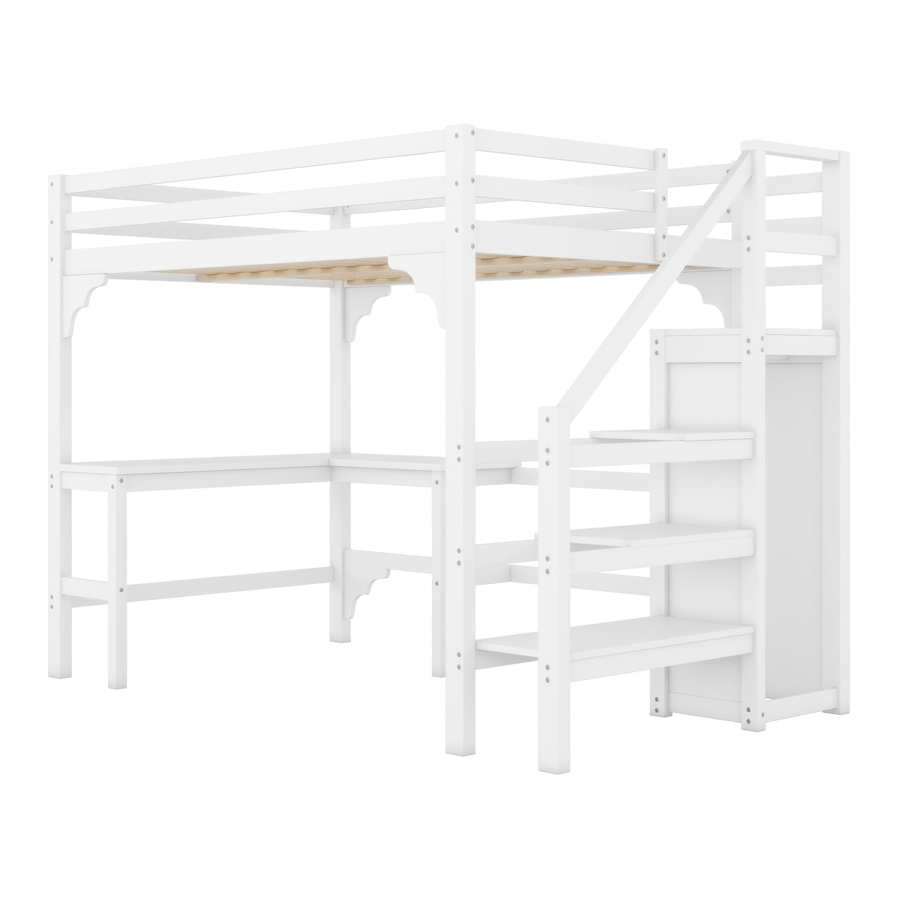 Loft Bed 140x200cm L-Shaped Desk Open Wardrobe Pine Wood White