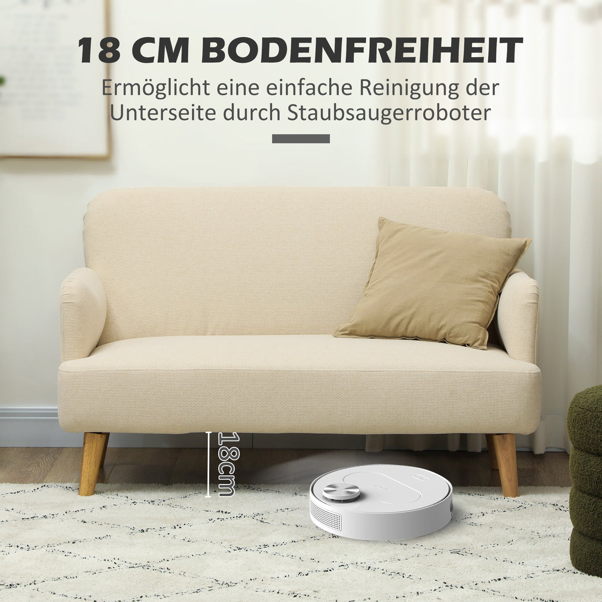 2-Seater Sofa, Upholstered Velvet Look with Wooden Legs, Cream White