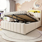 Upholstered Children Bed 140x200 Storage & LED, Beige Velvet