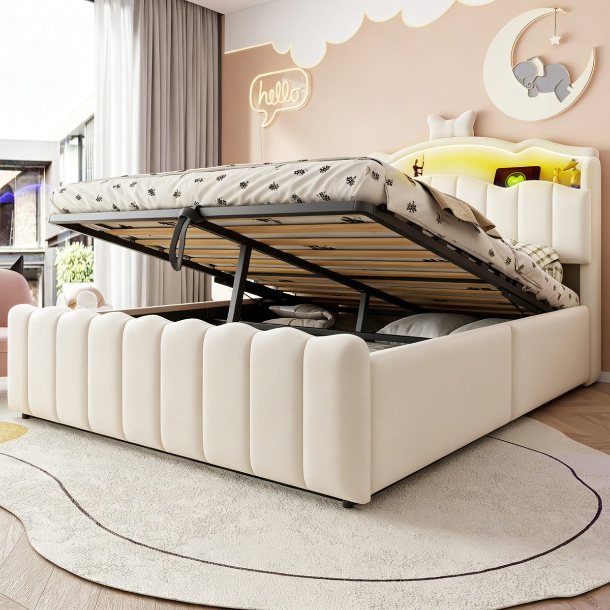 Upholstered Children Bed 140x200 Storage & LED, Beige Velvet