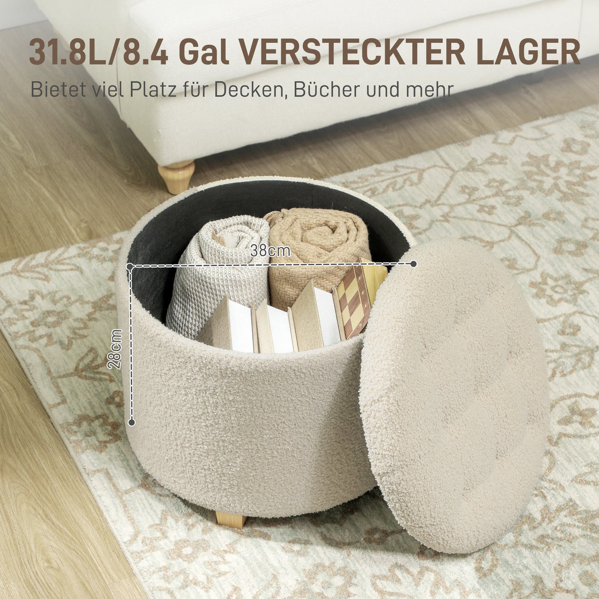 Storage Bench, Upholstered with Lid Cashmere Look Ø45 x 41 cm, Cream White