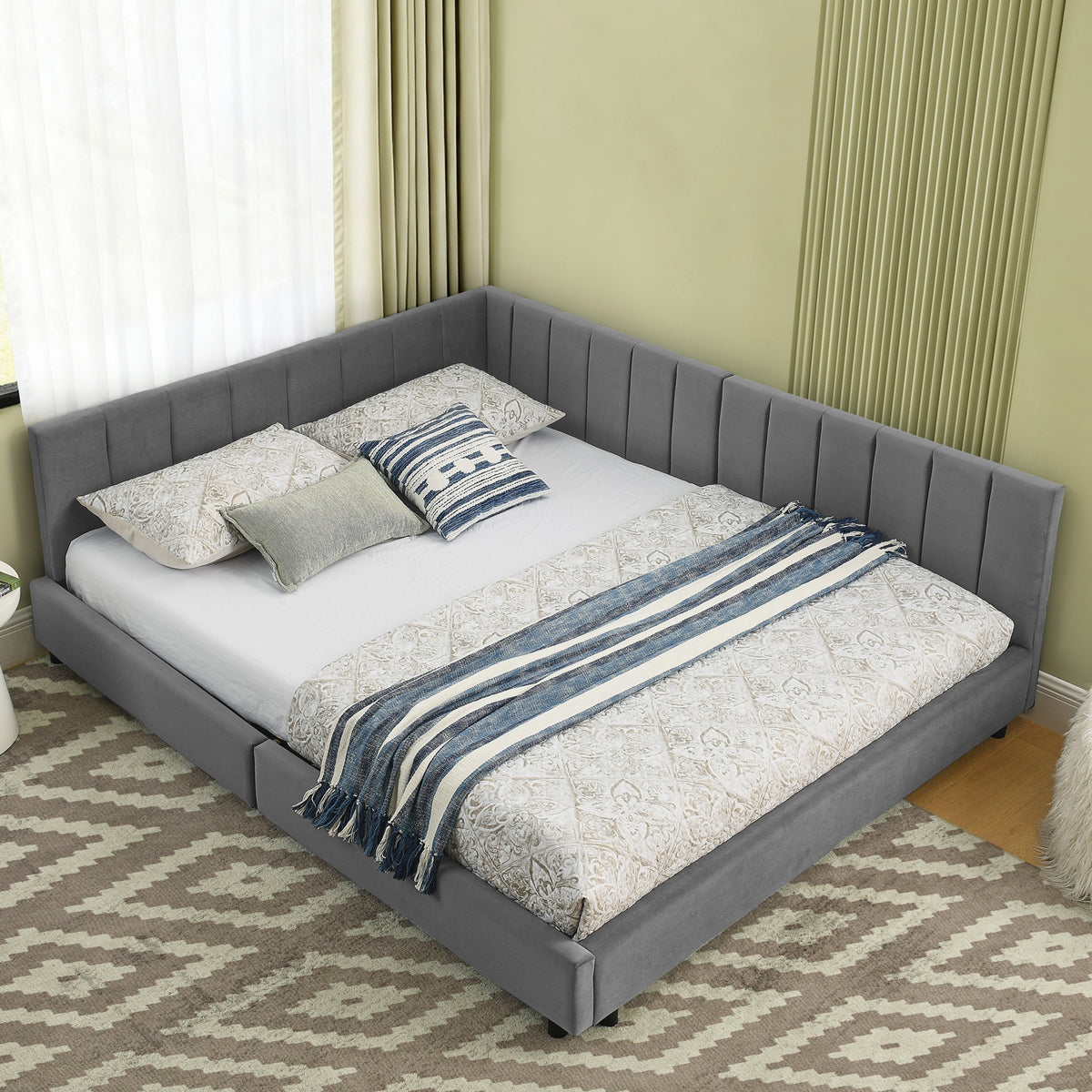 Double Bed 140x200cm High Backrest, Dark Grey Velvet