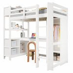 Loft Bed 90x200 cm with Desk, Wardrobe & Storage Shelves, White