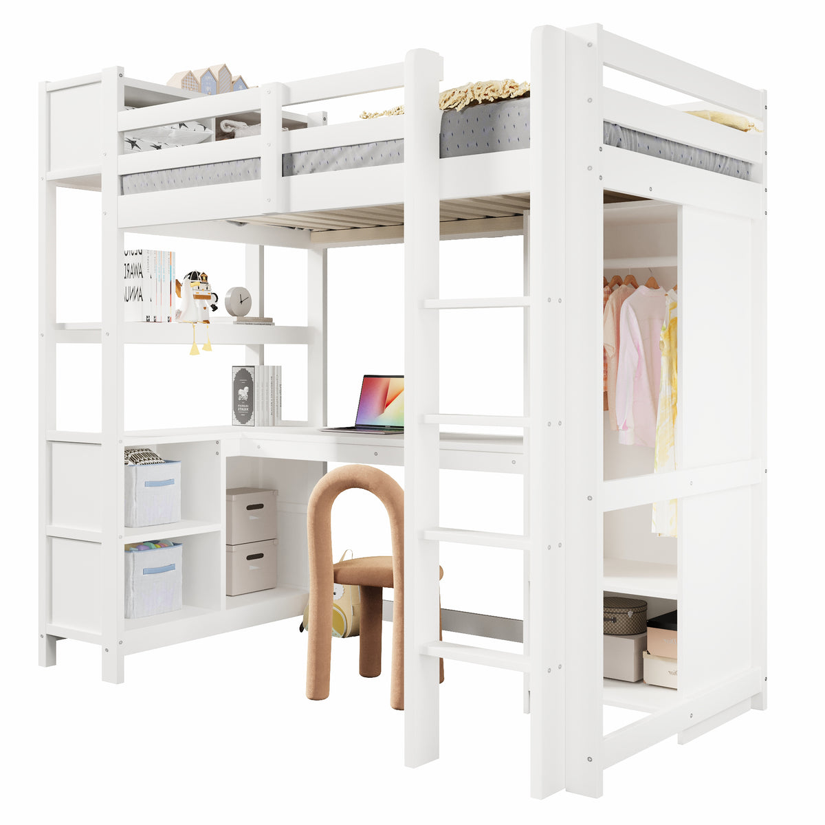 Loft Bed 90x200 cm with Desk, Wardrobe & Storage Shelves, White
