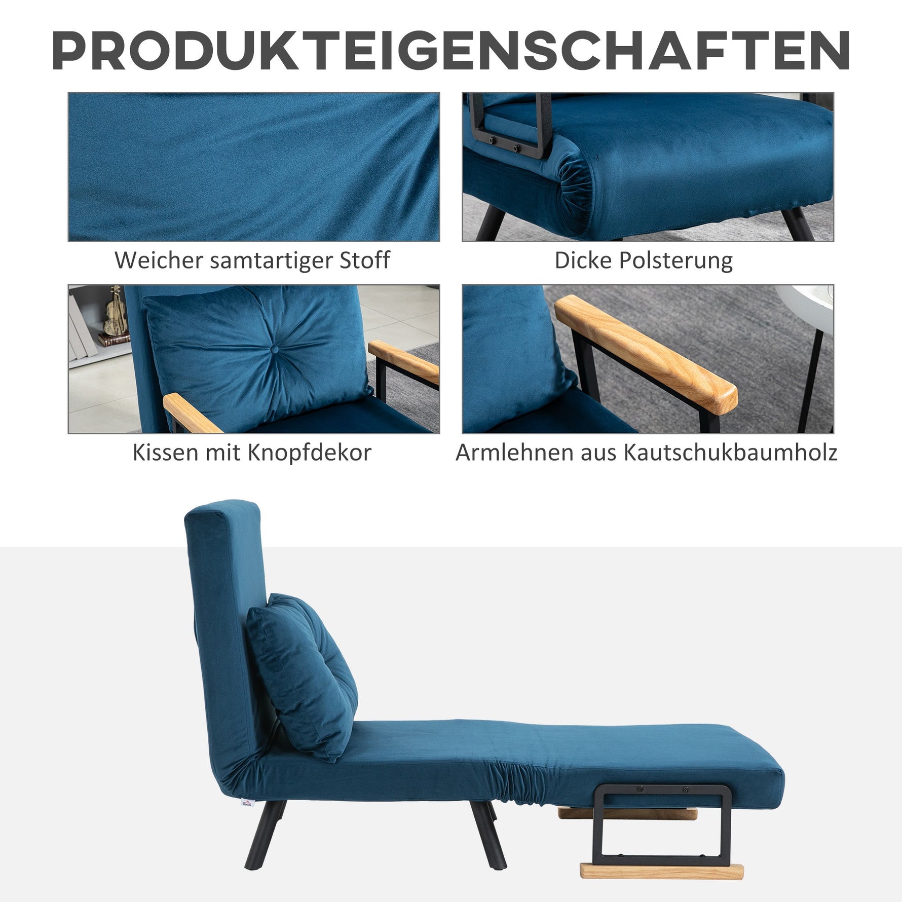 Sofa Bed Recliner Guest Bed Adjustable Backrest Velvet Blue