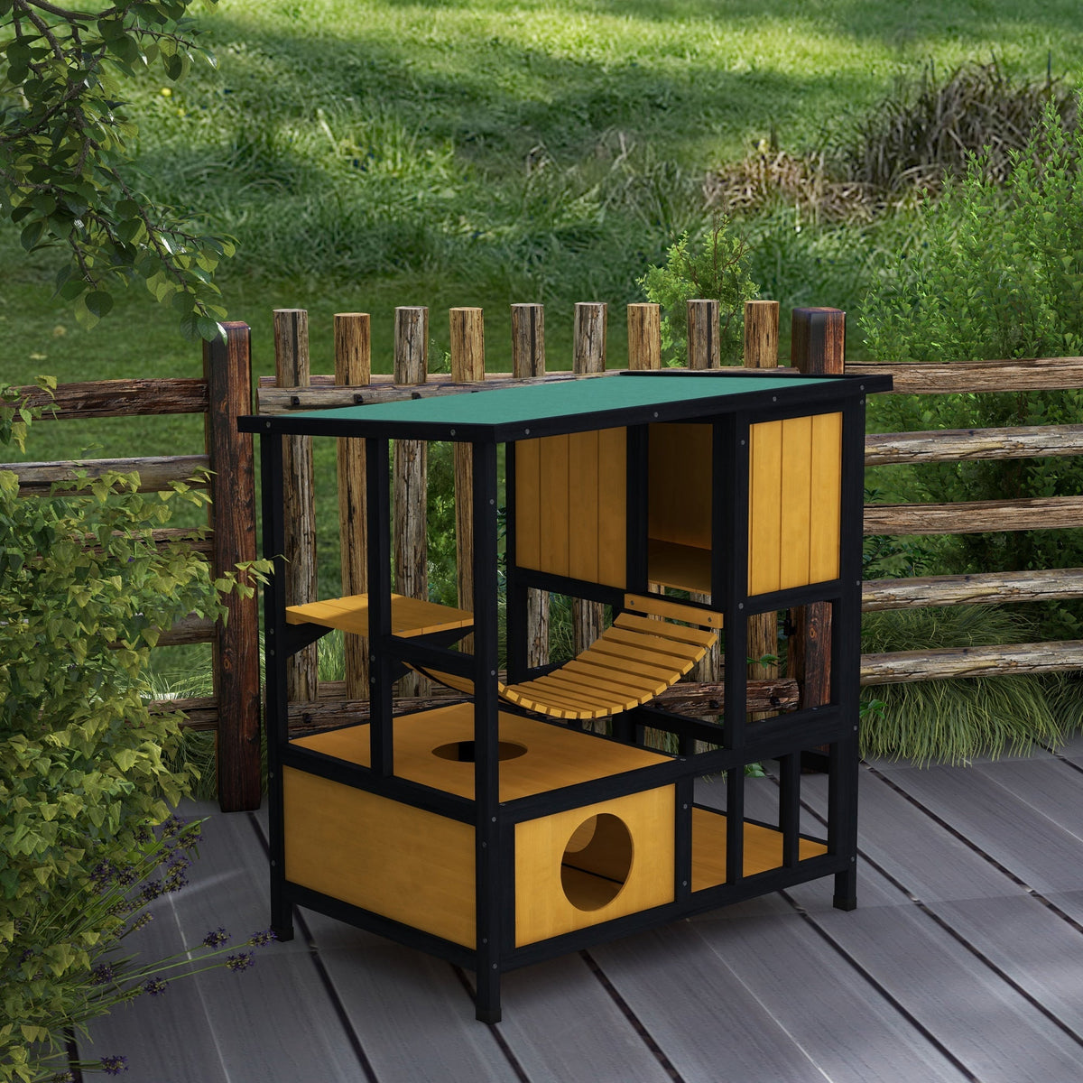 Cat House with Hanging Bridge & Balcony, Waterproof, Yellow Wood