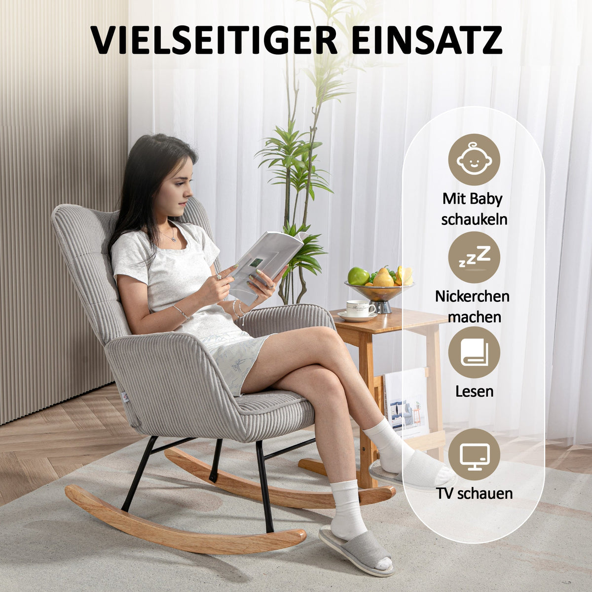 Rocking Chair, Armrests Recliner Wooden Base, Light Gray Corduroy