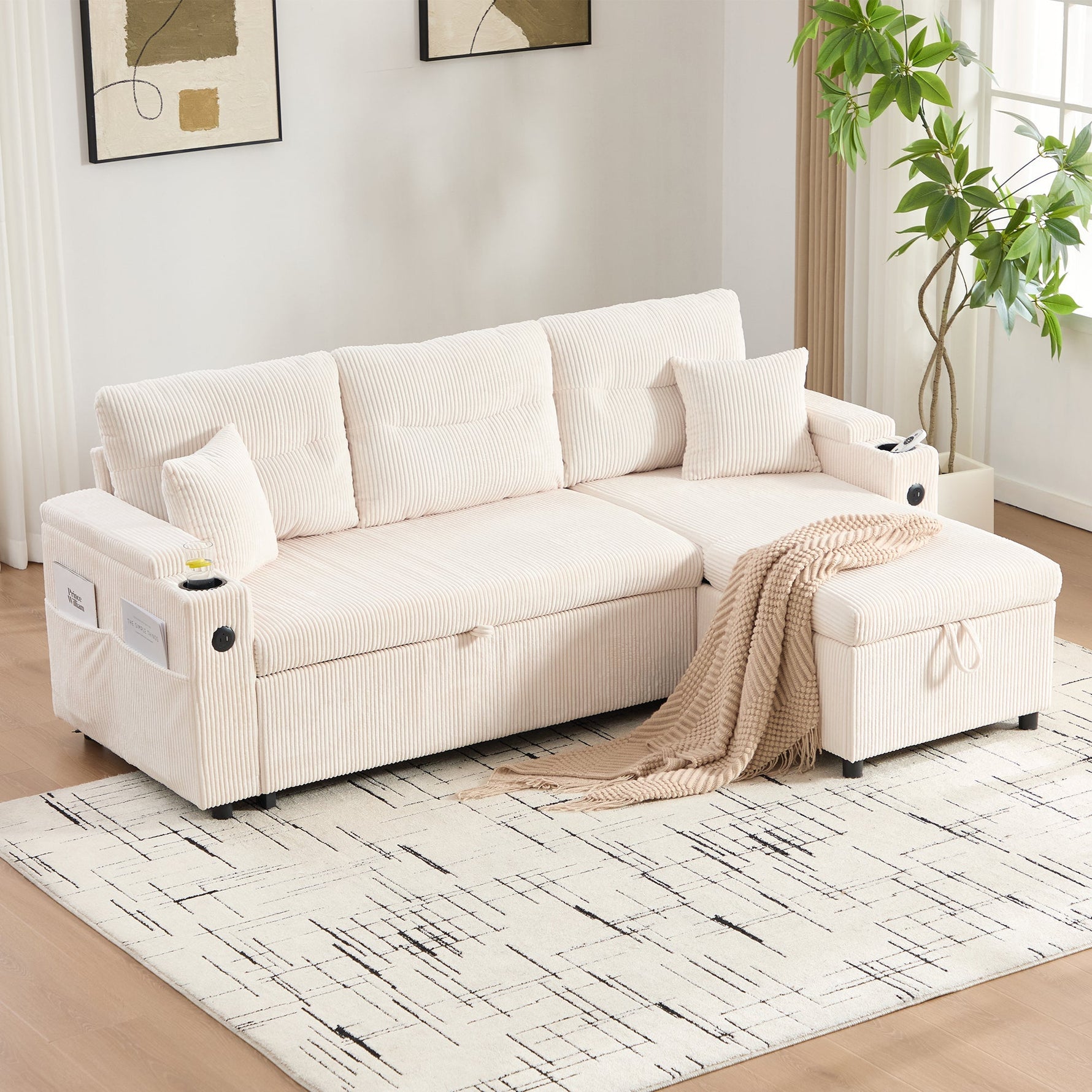Sofa Bed 3-Seater Hydraulic Chaise Storage USB-C Cup Holders Corduroy