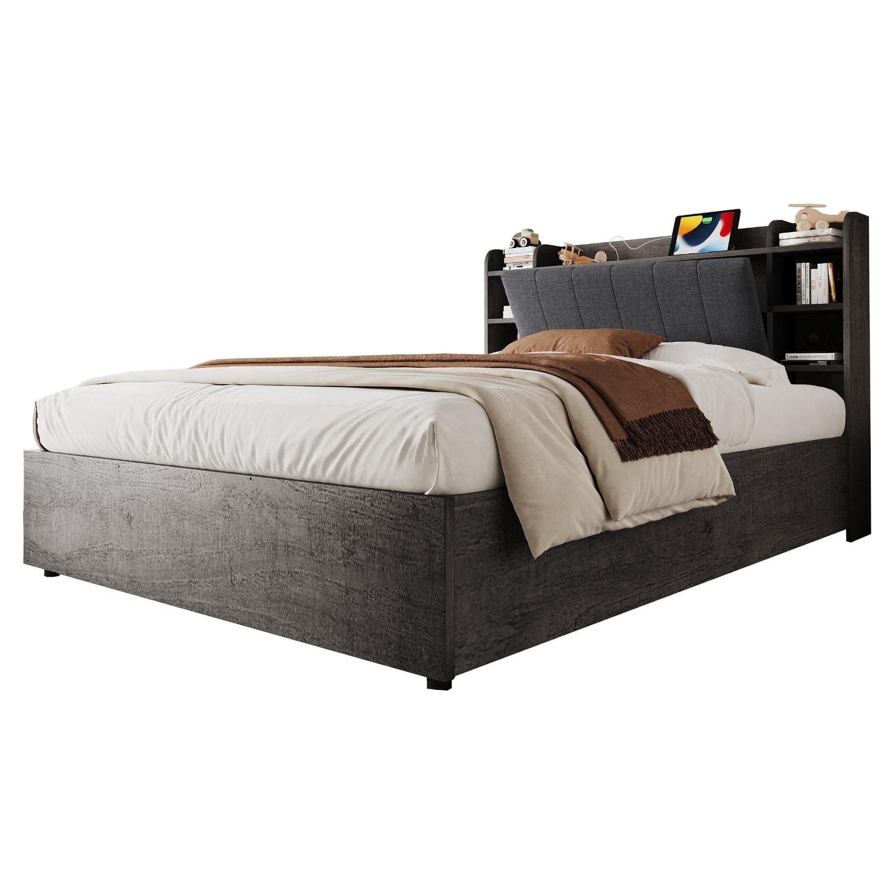 Hydraulic Bed with Storage Headboard and USB Charging, 180x200cm, Grey Wood