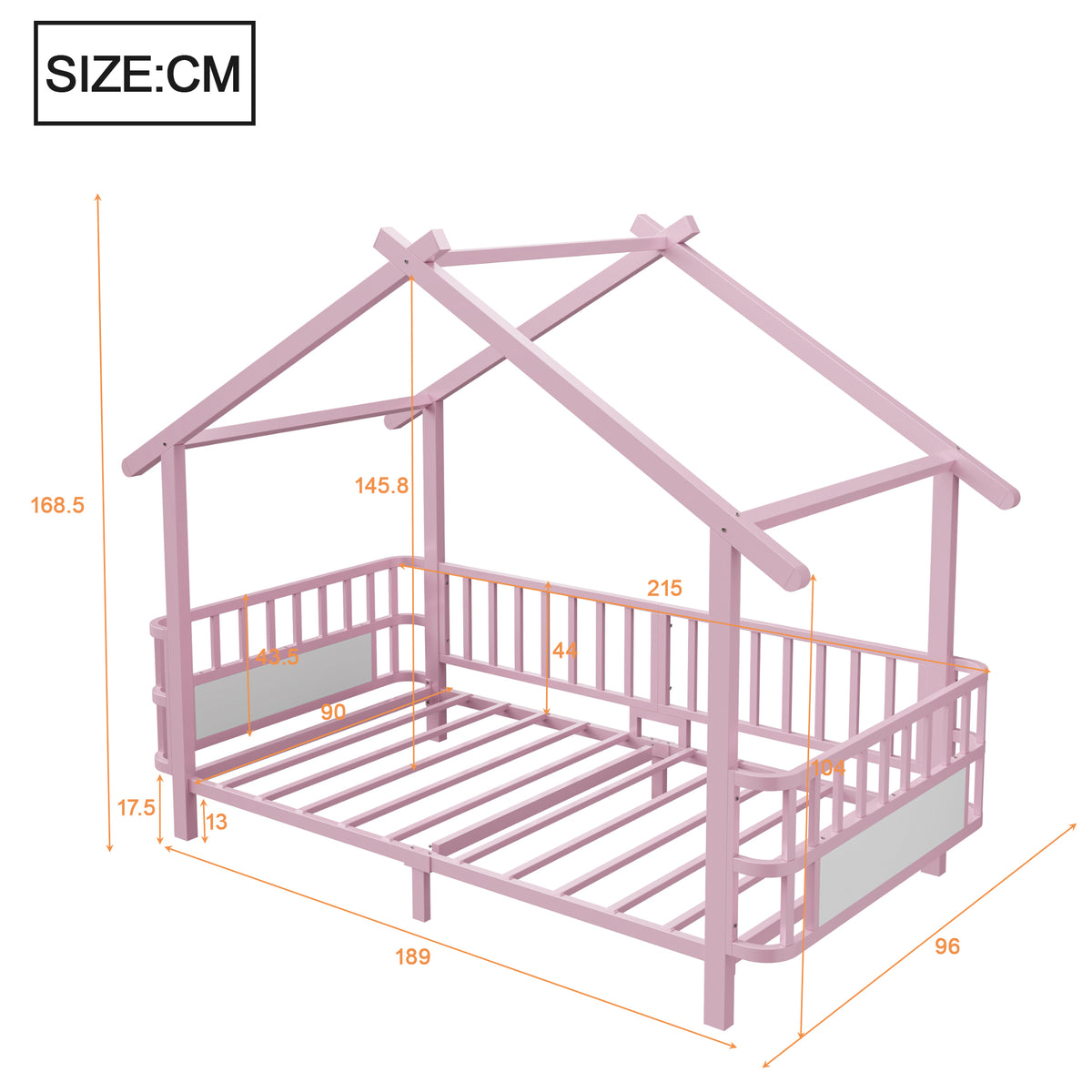House Children's Bed Frame 90x200cm with Safety Rail, Pink Metal