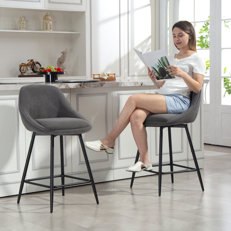 Set of 2 Bar Stools, Upholstered for Kitchen Island & Dining Room, Corduroy & Steel, Grey