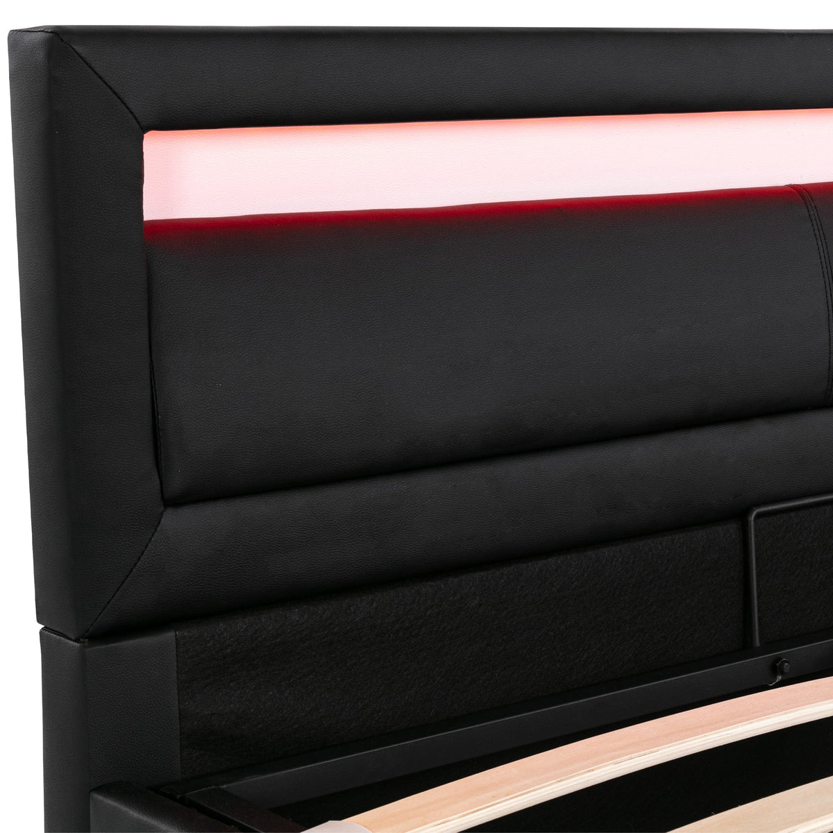 Upholstered Bed with Lift-Up Storage, LED Lighting & Slatted Base, Black