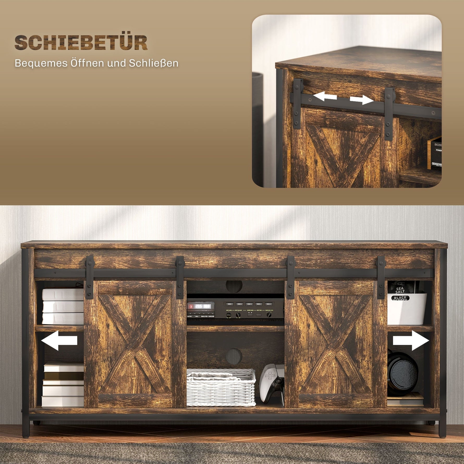 TV Cabinet, Stand for TVs up to 60 inches, 2 Cabinets 2 Shelves, Brown