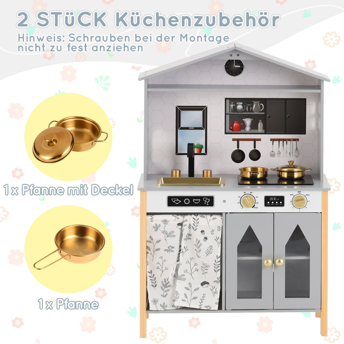 Children's Play Kitchen with Creative House Design and Accessories, Wood and Plastic, Grey