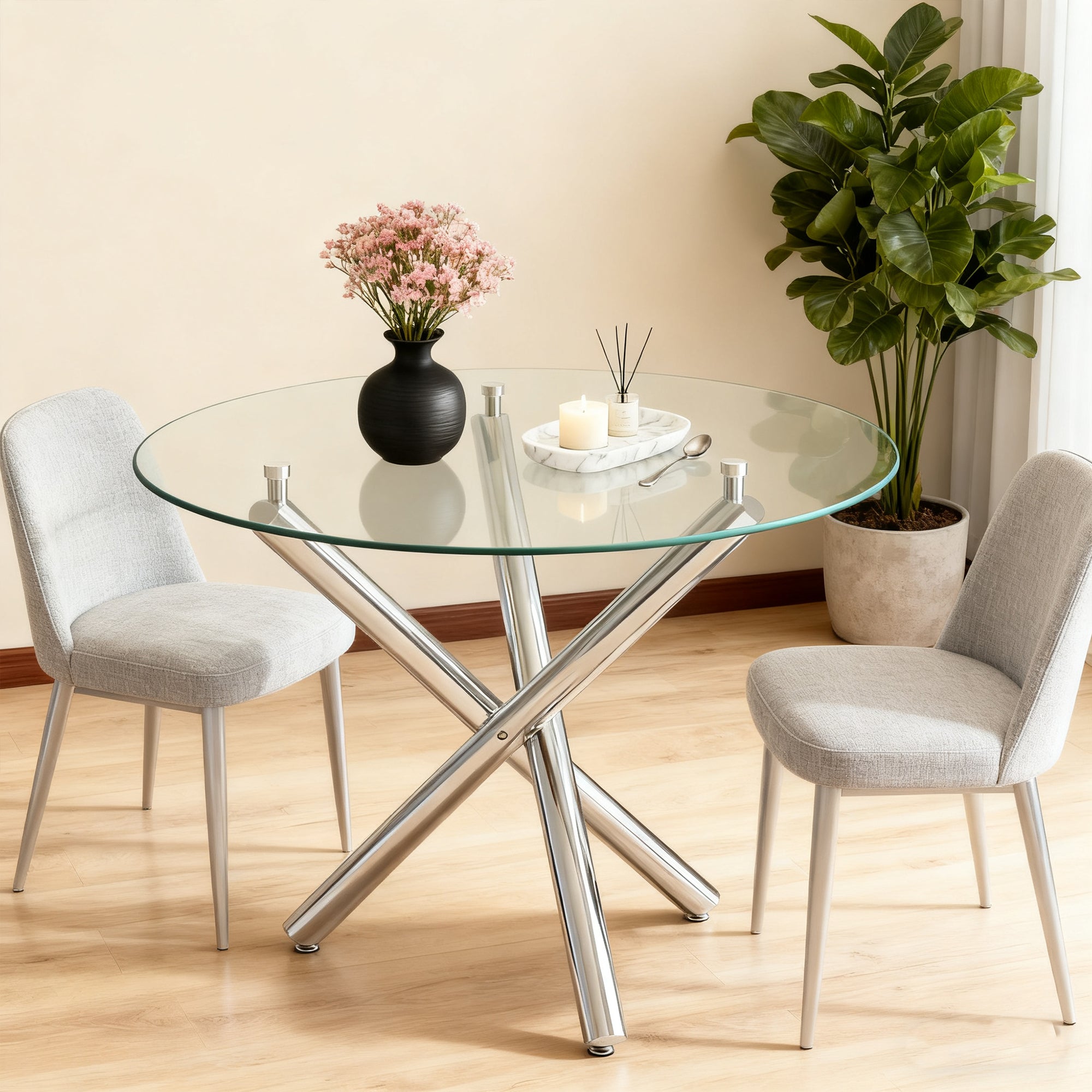 Round Dining Table 80x80x76cm Tempered Glass Metal Legs