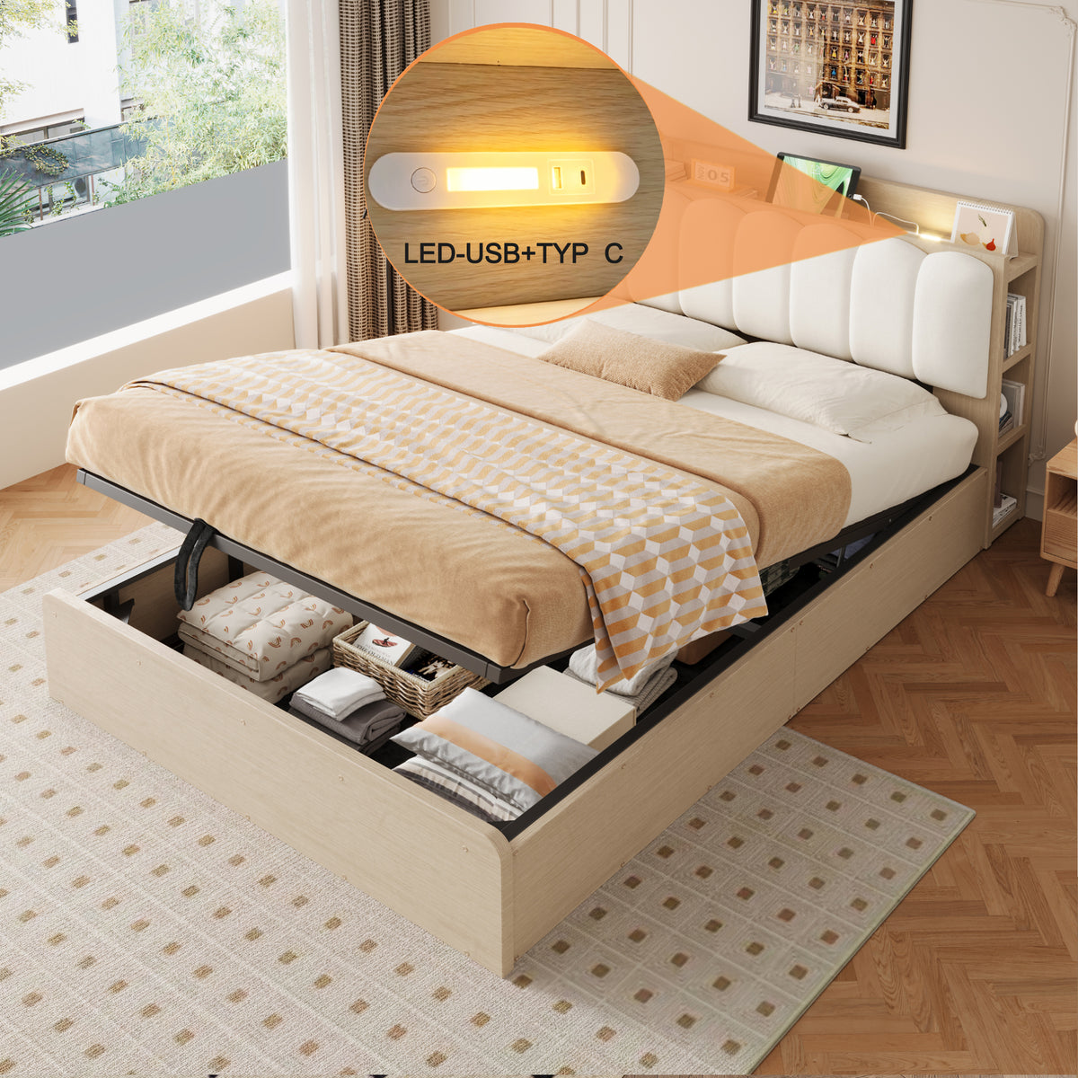 Wooden Flatbed 140x200 with Hydraulic Storage & USB, Wood Color
