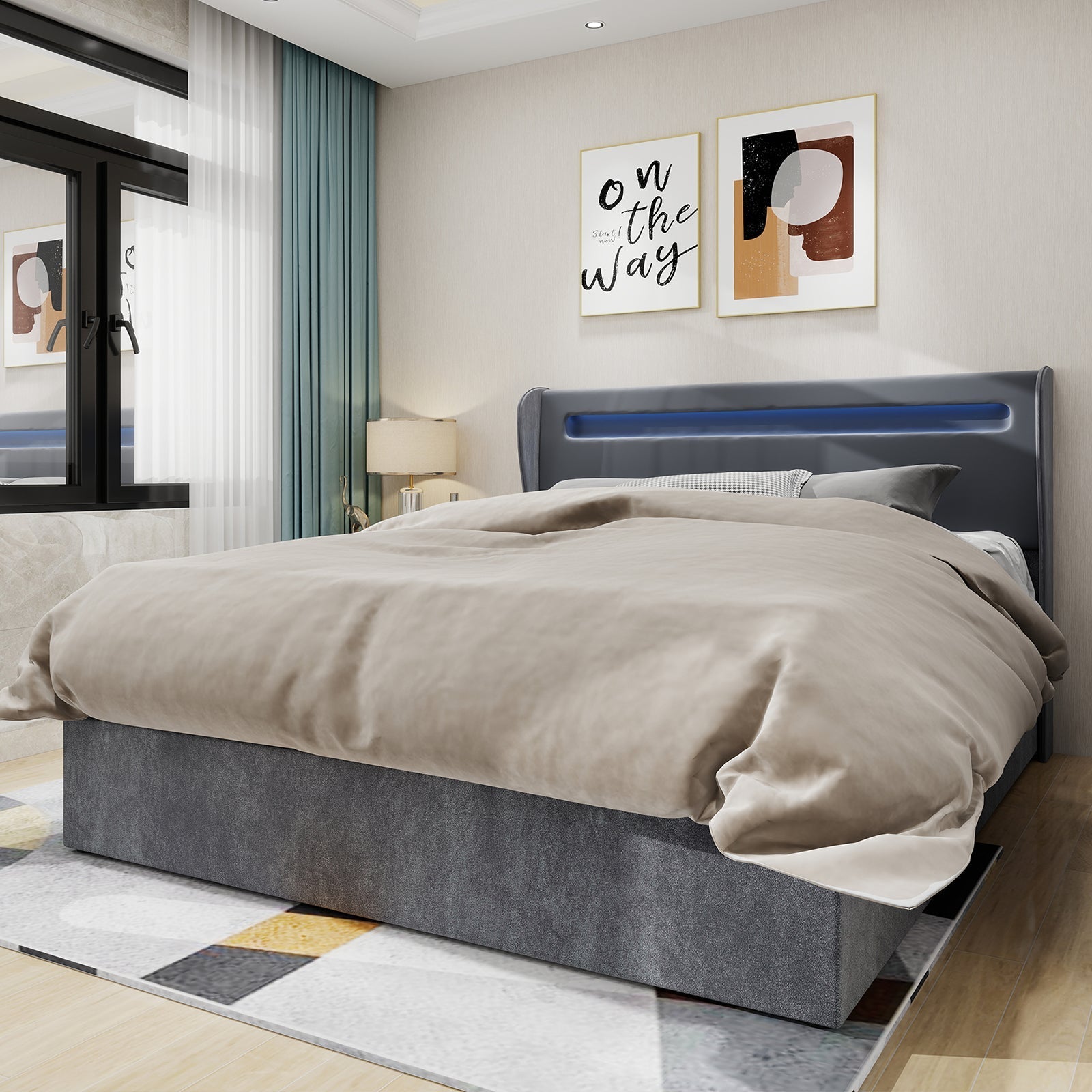 Modern Minimalist Upholstered Bed, LED Headboard, 140x200cm, Grey