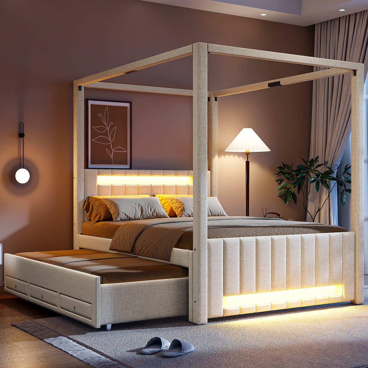 Upholstered Four-Poster Bed 140x200cm, 3 Drawers & LED, Beige