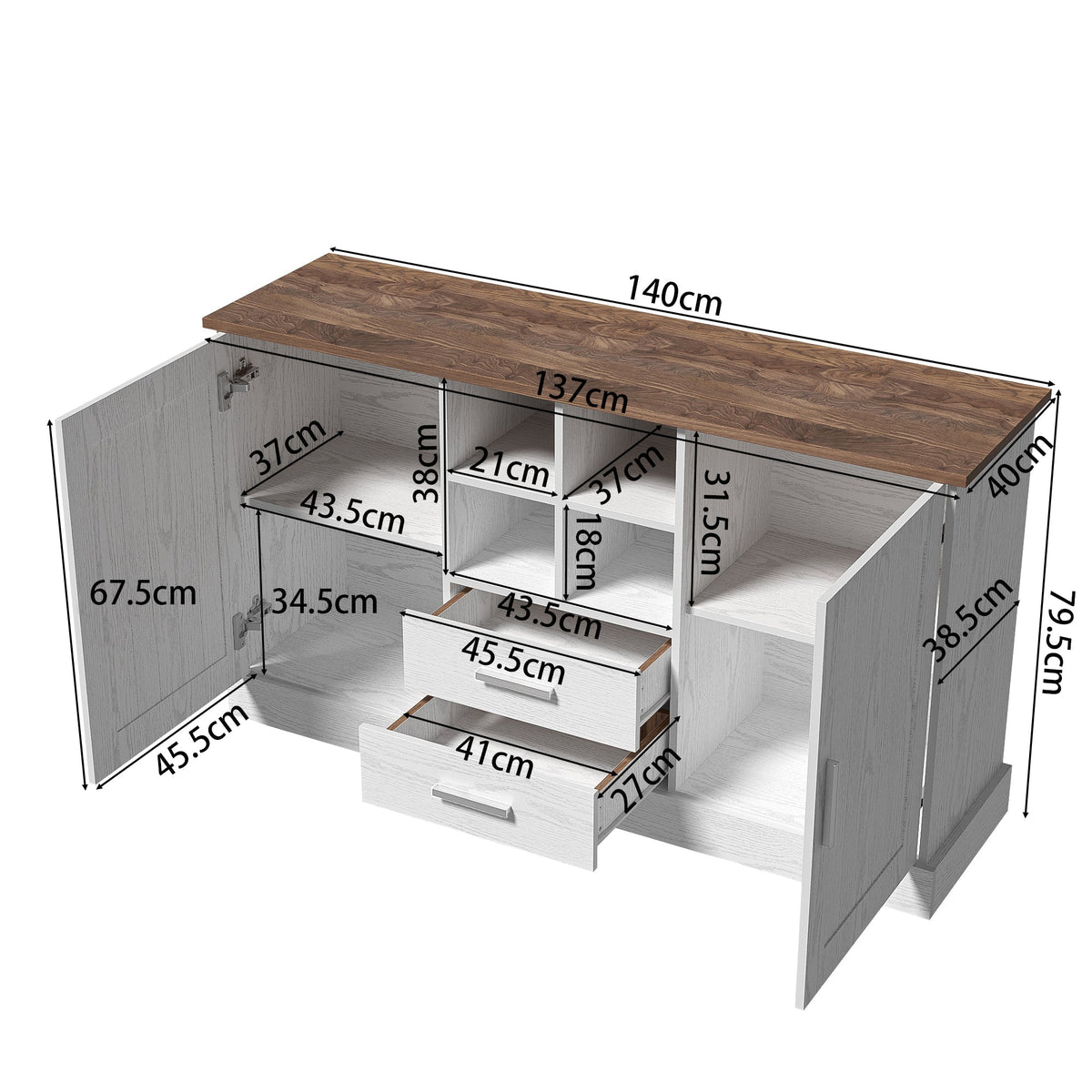 Sideboard 140x40x79.5cm, 2 Doors 2 Drawers, White and Brown Wood Grain