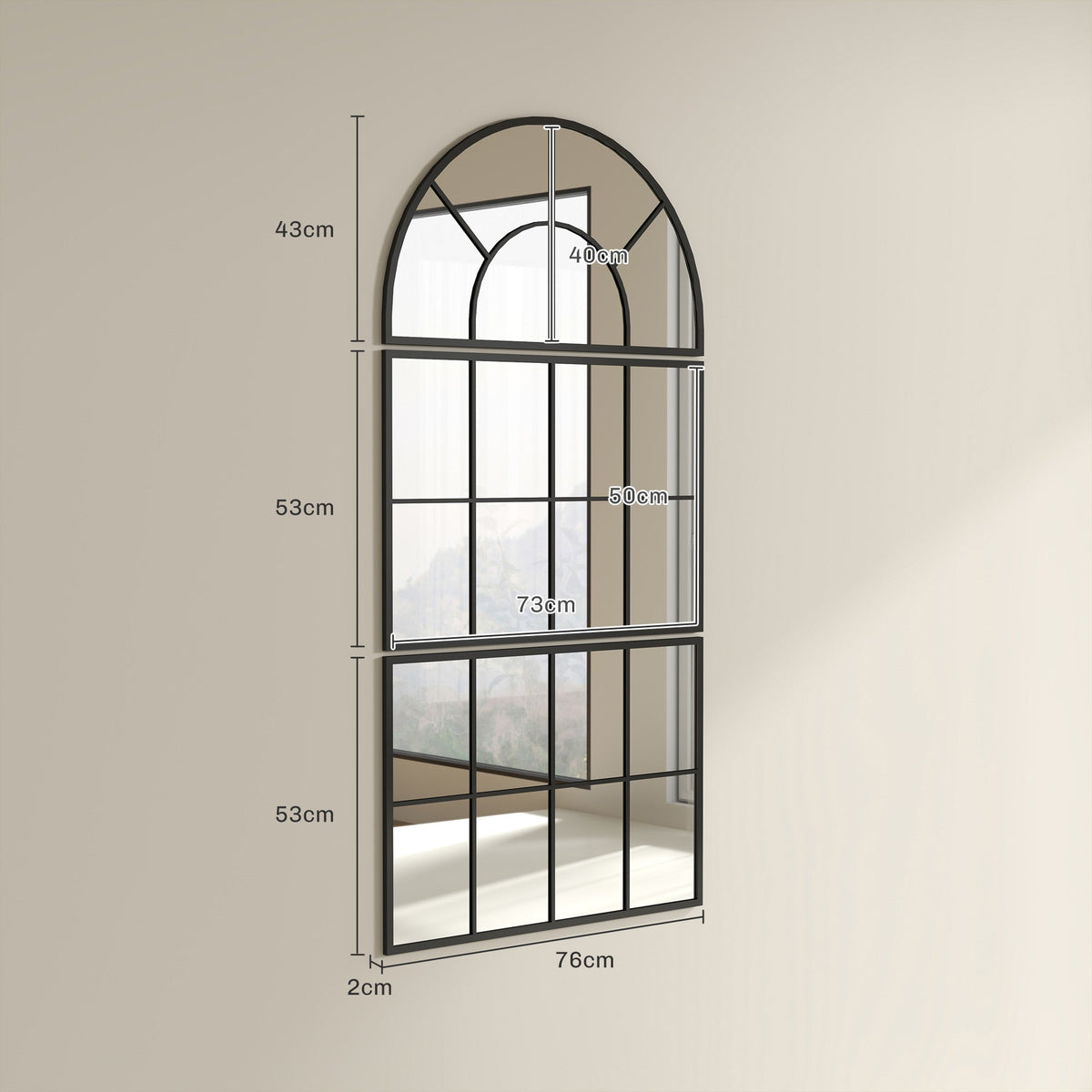 Three-Piece Arched Wall Mirror, Decorative Window Hanging, Black Metal Frame
