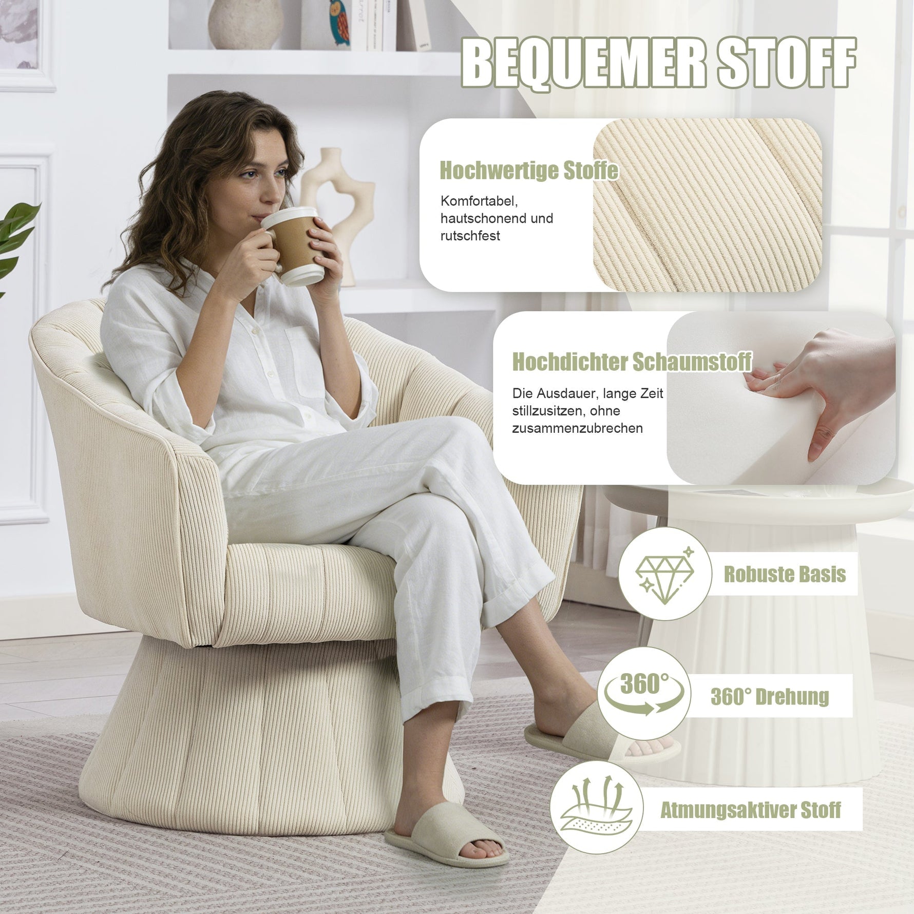 Swivel Chair 360° Ergonomic Cushions Modern Design Beige