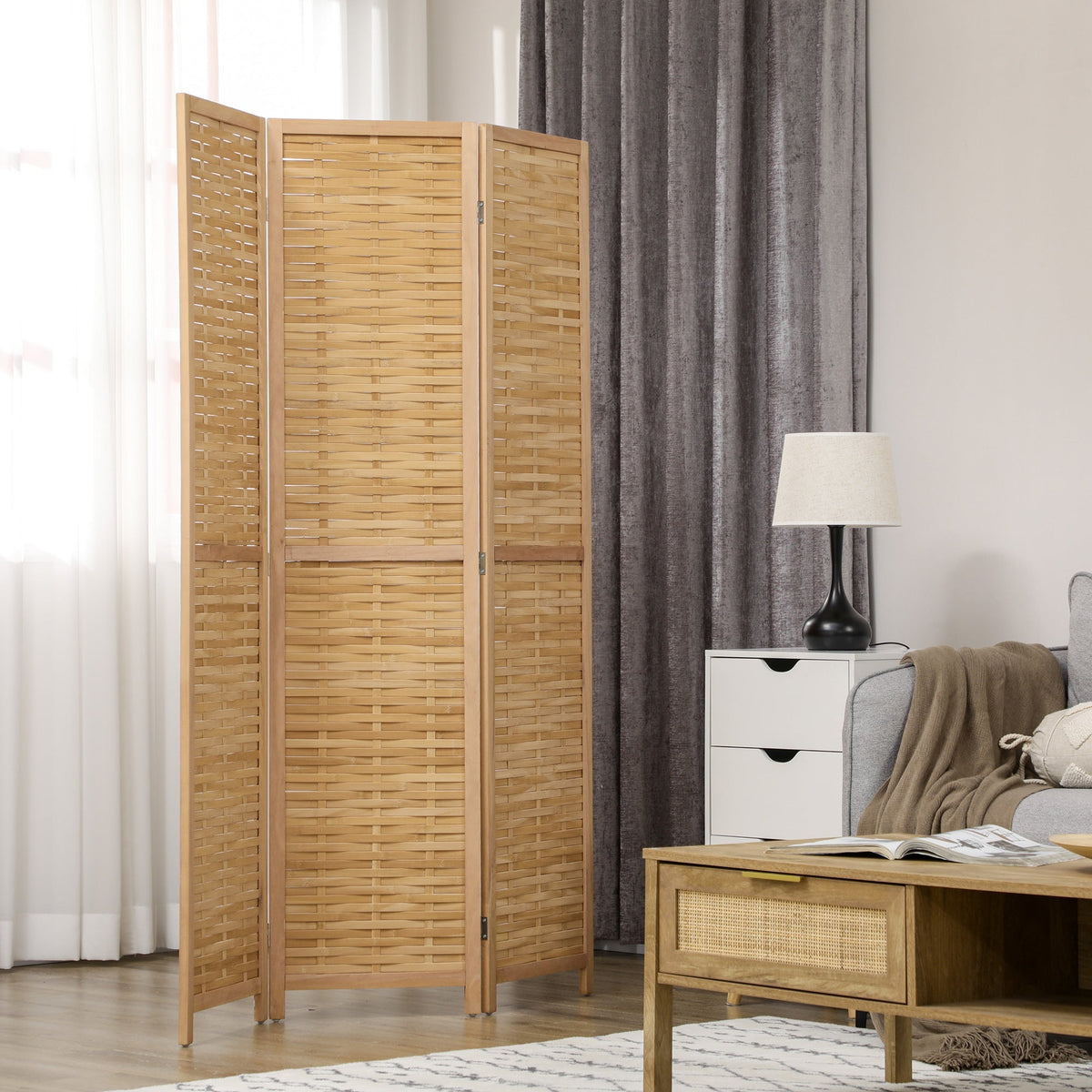 Room Divider/Screen, 3-Panel Foldable Privacy Screen 120x170cm, Bamboo Natural Finish