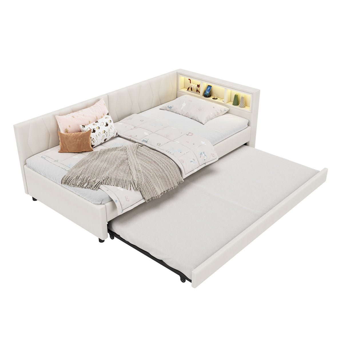 Daybed 90x200cm with Trundle, Storage & LED, Beige Linen
