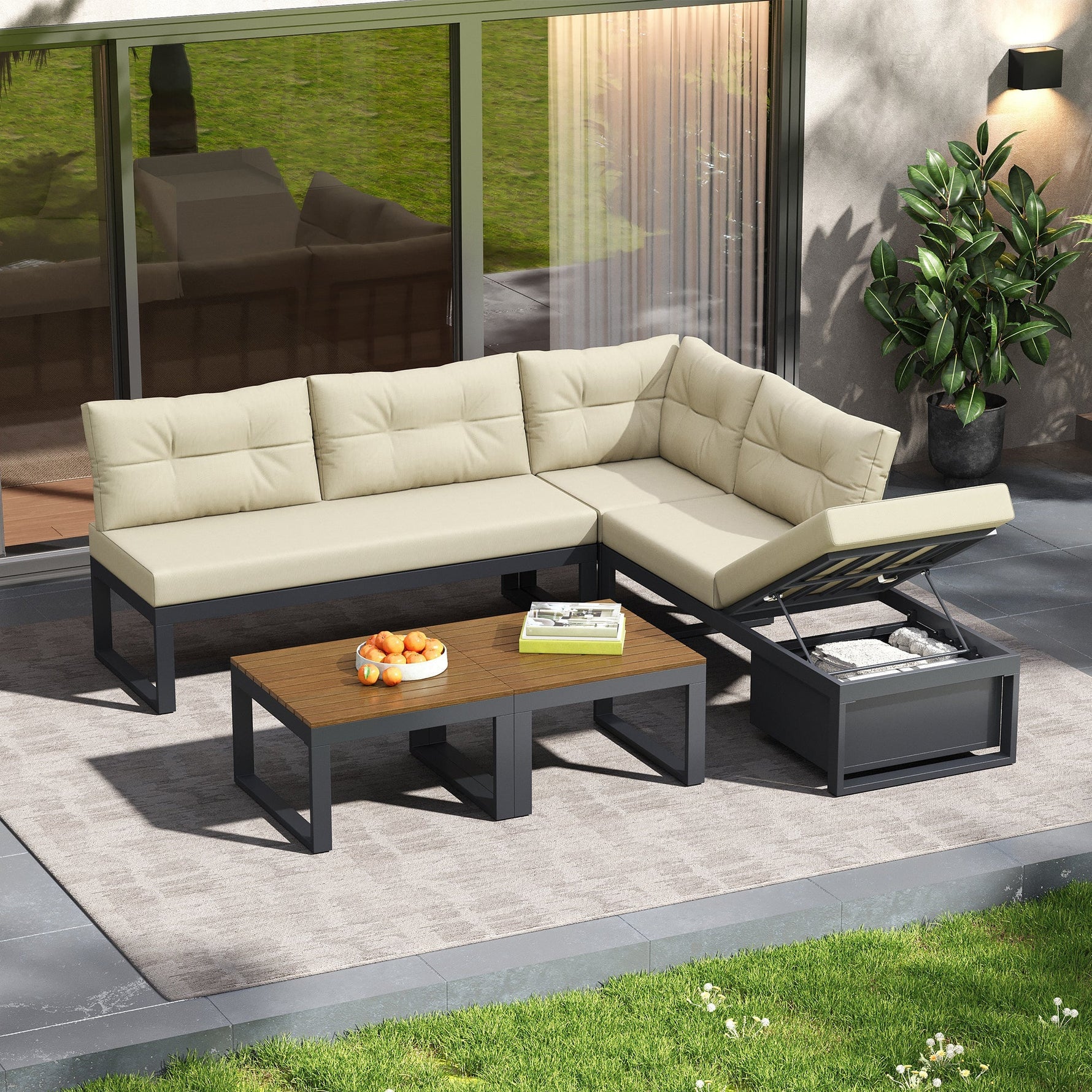 Garden Furniture Set with 3-Position Adjustable Reclining Backrest, Comfort Cushions and Storage, Beige